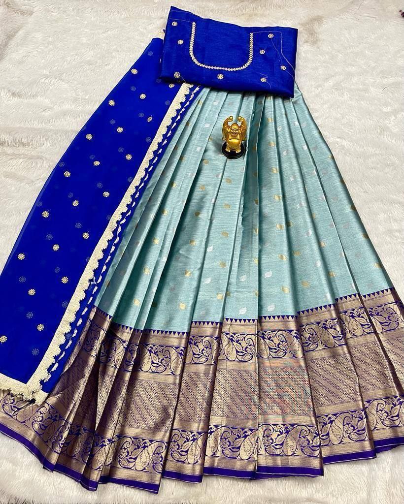 Blue Kanjiveram Silk Zari Lehanga With Blouse Along With Heavy Georgette Embroidery Work and Lace Border Duppta