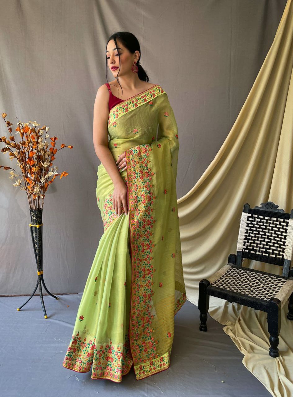 Line  Green Pure Tussar Silk Saree All Over Kashmiri Work And Beautiful Panel With Attractive Mottifs And Chitt Weaved Pallu