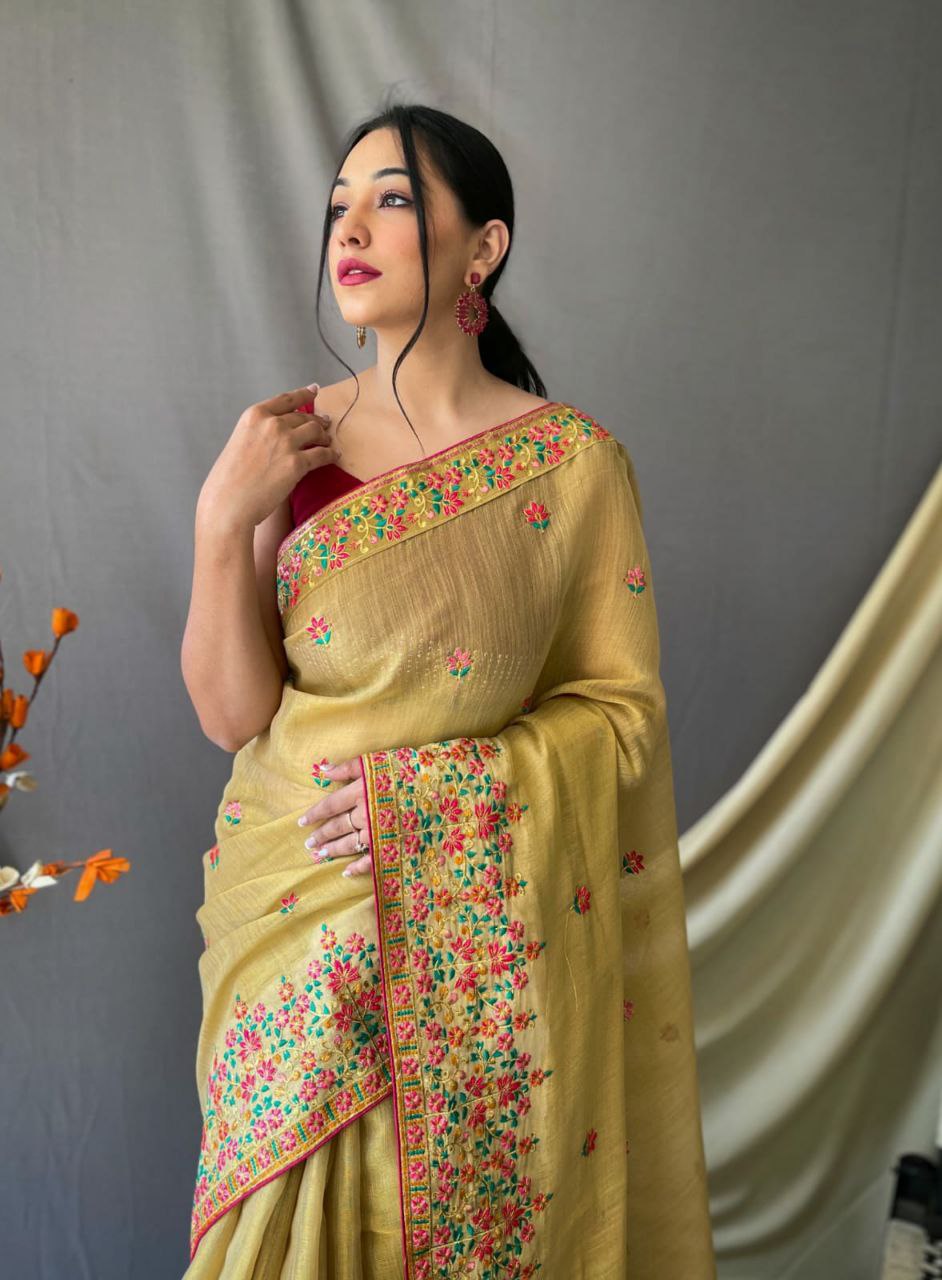 Light Lemon Yellow Pure Tussar Silk Saree All Over Kashmiri Work And Beautiful Panel With Attractive Mottifs And Chitt Weaved Pallu