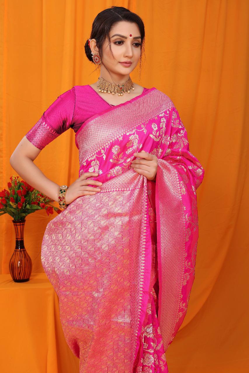 Dark Pink Paithani Pure Silk Handloom Saree With Pure Jari