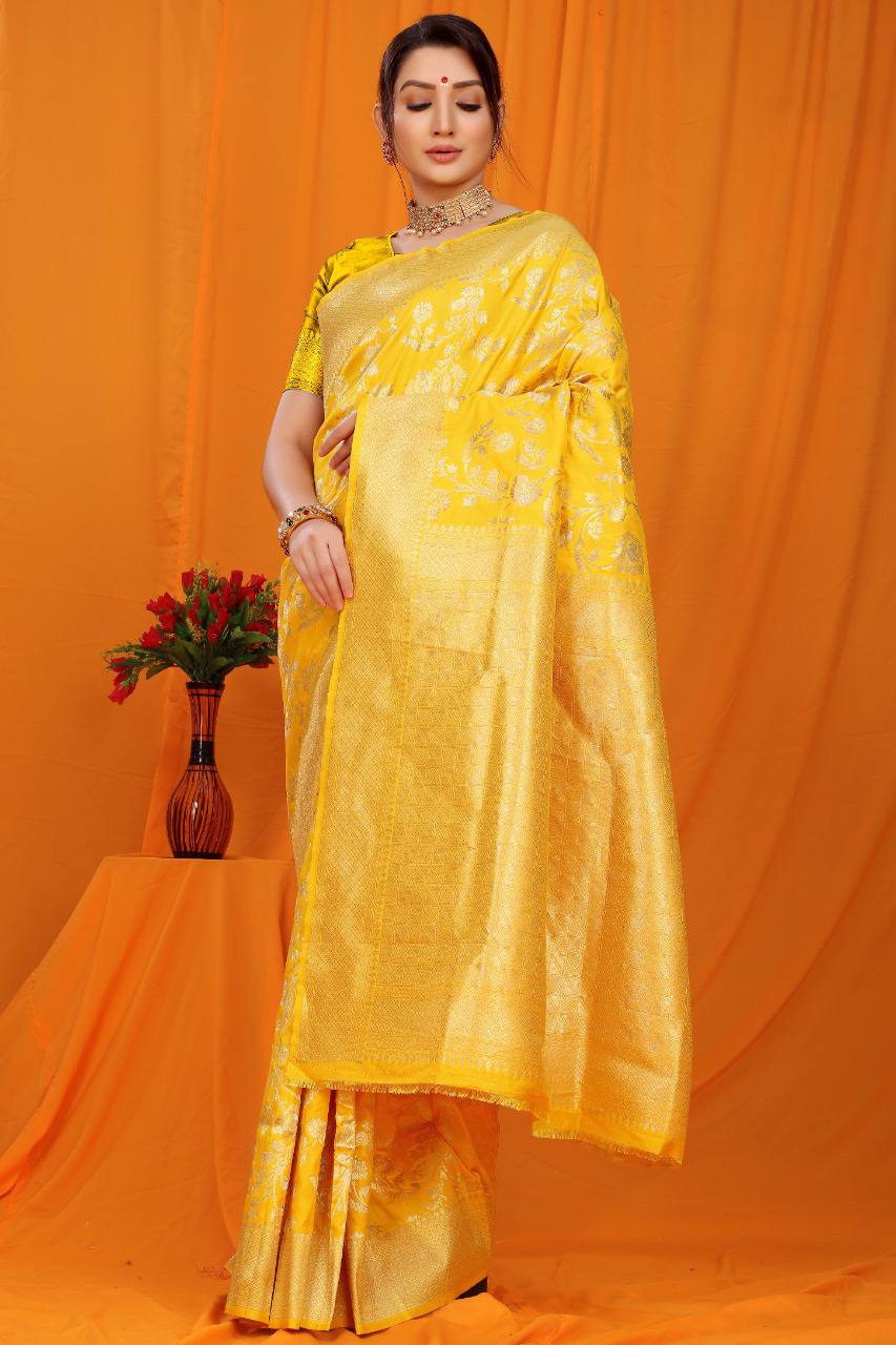 Yellow  Paithani Pure Silk Handloom Saree With Pure Jari