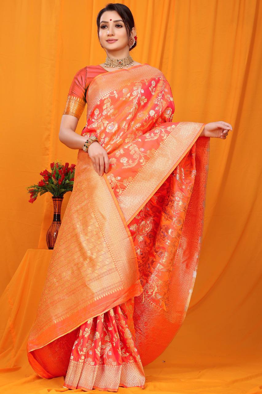 Orange  Paithani Pure Silk Handloom Saree With Pure Jari