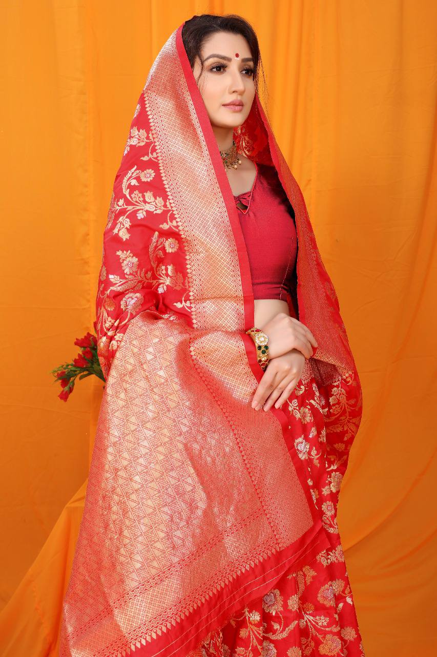 Red  Paithani Pure Silk Handloom Saree With Pure Jari