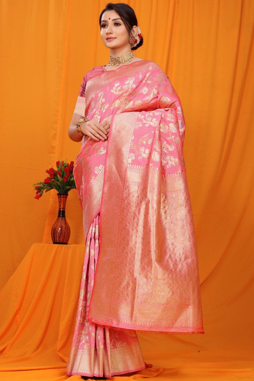 Pink  Paithani Pure Silk Handloom Saree With Pure Jari