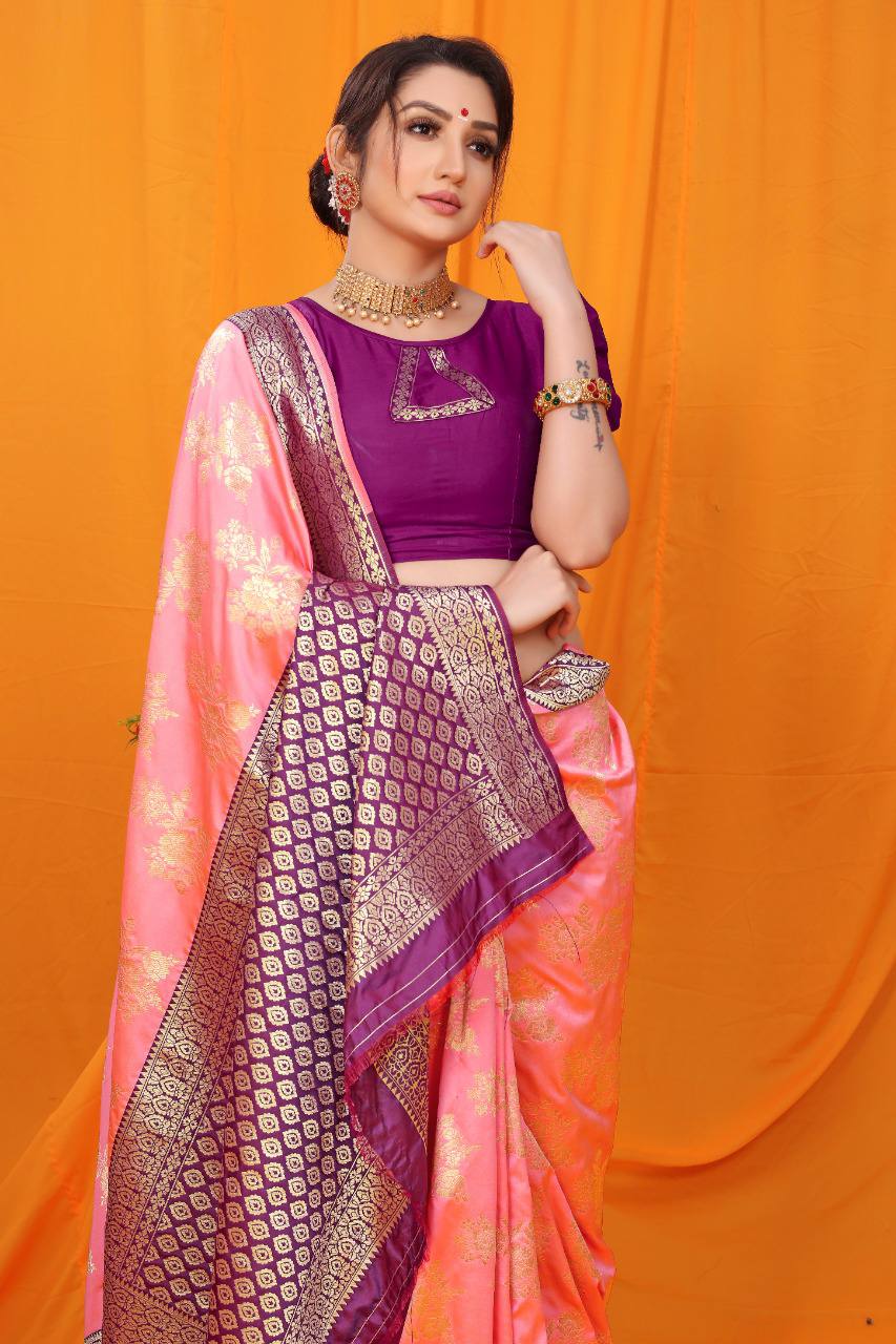 Pink Kanchipuram Pure Silk Handloom Saree With Pure Jari Wewing Work