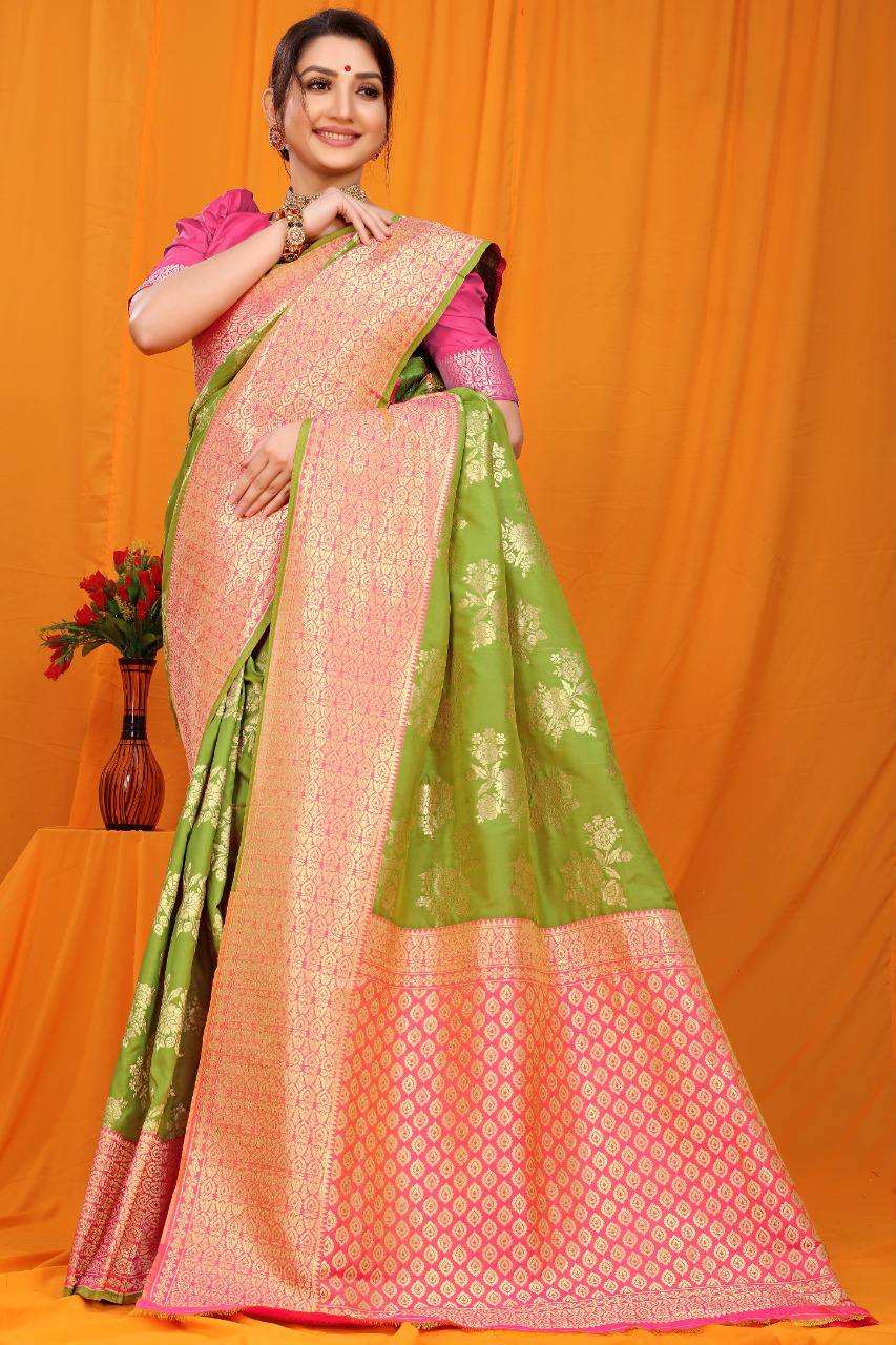 Green Kanchipuram Pure Silk Handloom Saree With Pure Jari Wewing Work