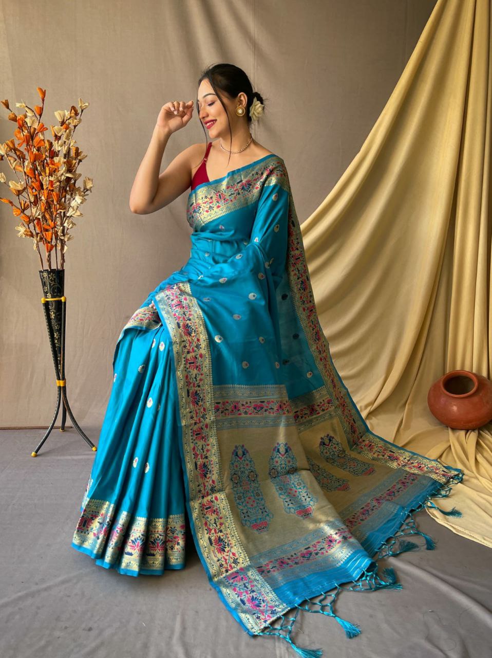 Cyan Blue Pure Paithani Silk Saree With Paithani Rich Weaved Pallu And Tassels With  Meenakari Mottifs