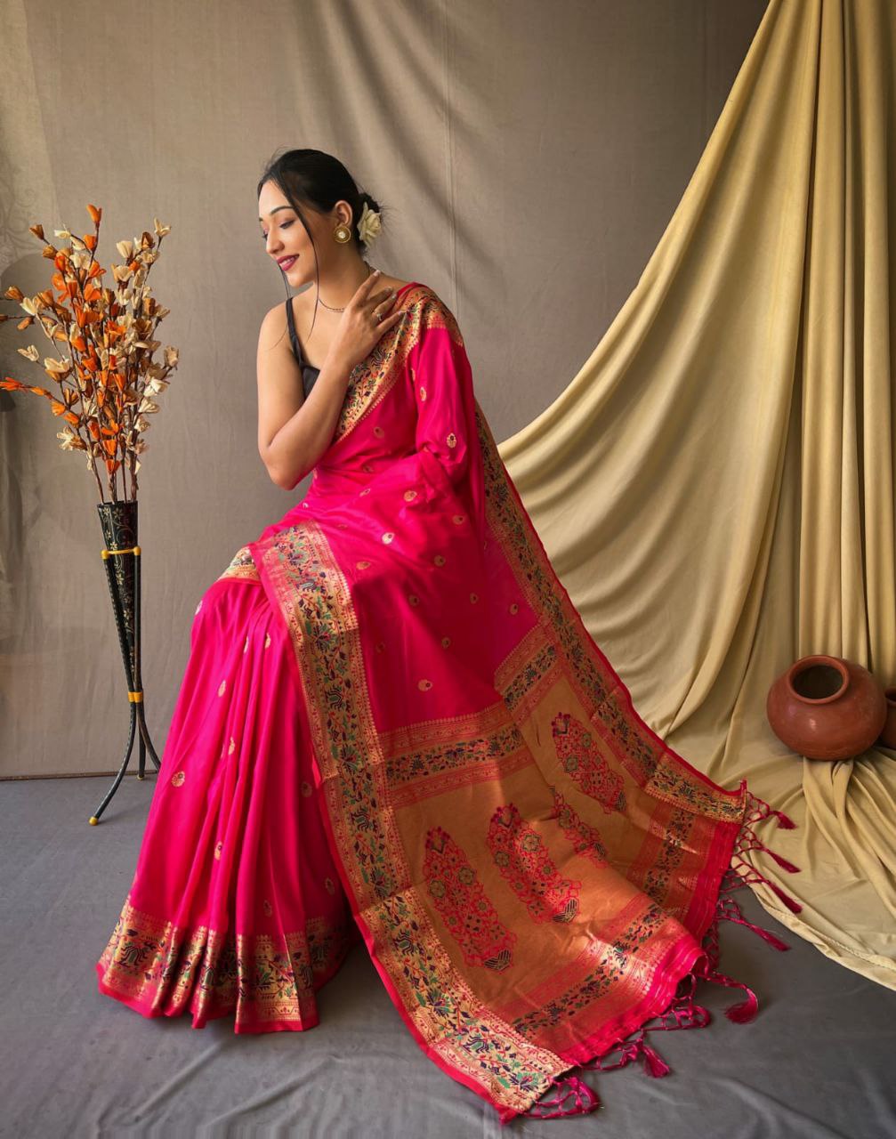 Shocking Pink Pure Paithani Silk Saree With Paithani Rich Weaved Pallu And Tassels With  Meenakari Mottifs