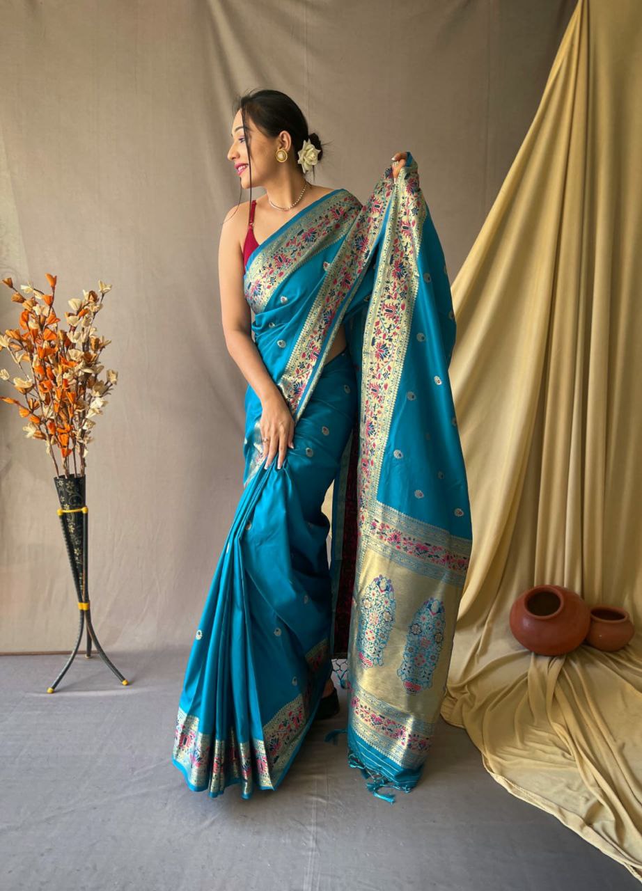 Cyan Blue Pure Paithani Silk Saree With Paithani Rich Weaved Pallu And Tassels With  Meenakari Mottifs