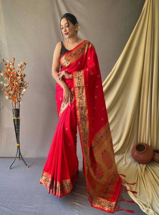 Scarlet Red Pure Paithani Silk Saree With Paithani Rich Weaved Pallu And Tassels With  Meenakari Mottifs
