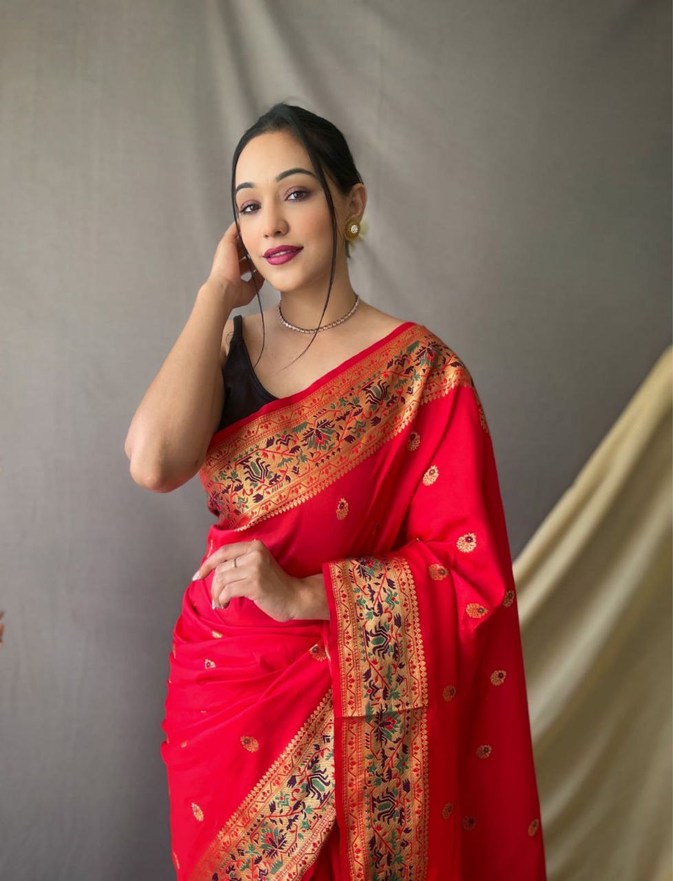 Scarlet Red Pure Paithani Silk Saree With Paithani Rich Weaved Pallu And Tassels With  Meenakari Mottifs