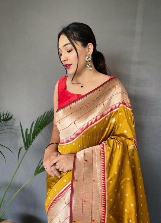 Amber Yellow  Pure Paithani Silk Saree With Paithani Rich Weaved Pallu With Tassels And Unique Mottif Pattern
