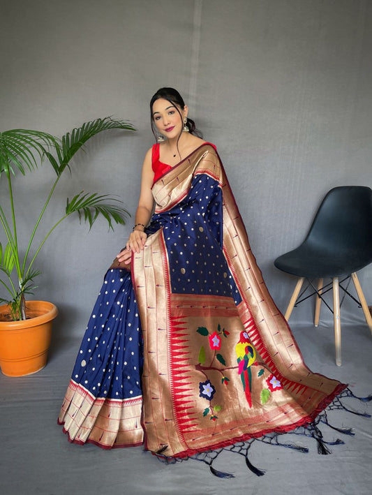 Navy Blue  Pure Paithani Silk Saree With Paithani Rich Weaved Pallu With Tassels And Unique Mottif Pattern