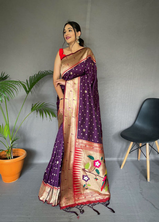 Violet  Pure Paithani Silk Saree With Paithani Rich Weaved Pallu With Tassels And Unique Mottif Pattern