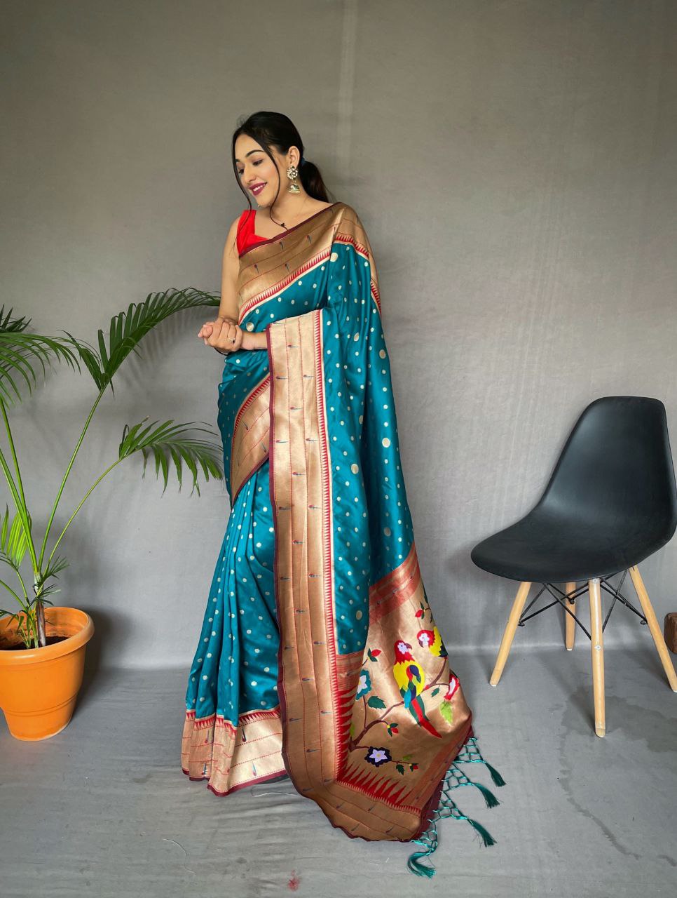 Buy Koskii Peacock Blue Zardosi Semi Crepe Saree with Unstitched Blouse  online