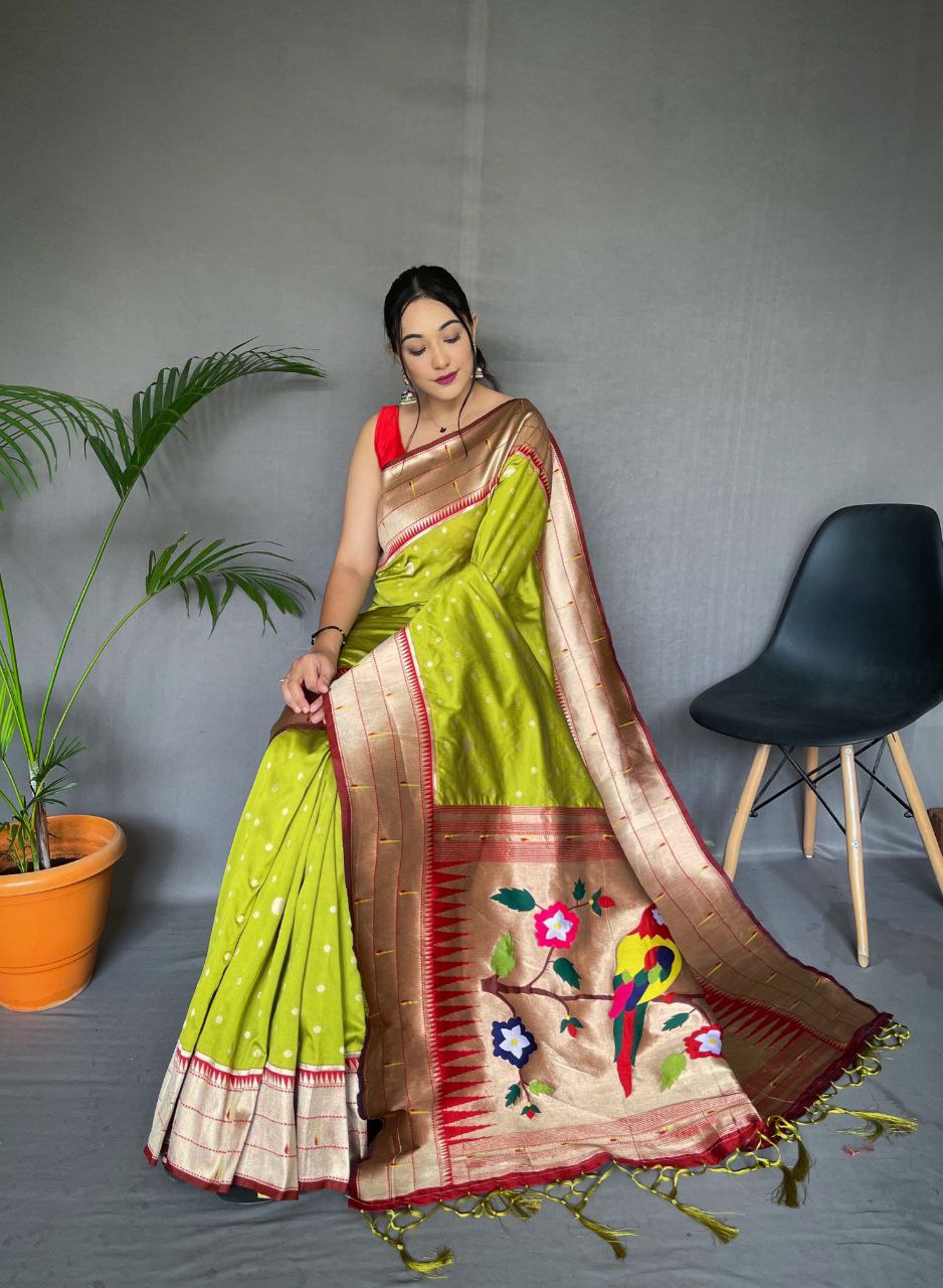 Charming Dark Green and golden zari Designed Silk Beautiful GREEN Paithani  Saree