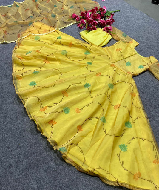Yellow Fox Organza With Digital Print Sleeves Party Wear Salwar Suit