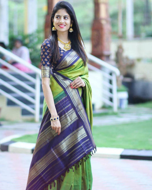 Parrot Green With Royal Blue Banarasi Beautiful Zari Work In Form Of Traditional Motifs Soft Silk Saree