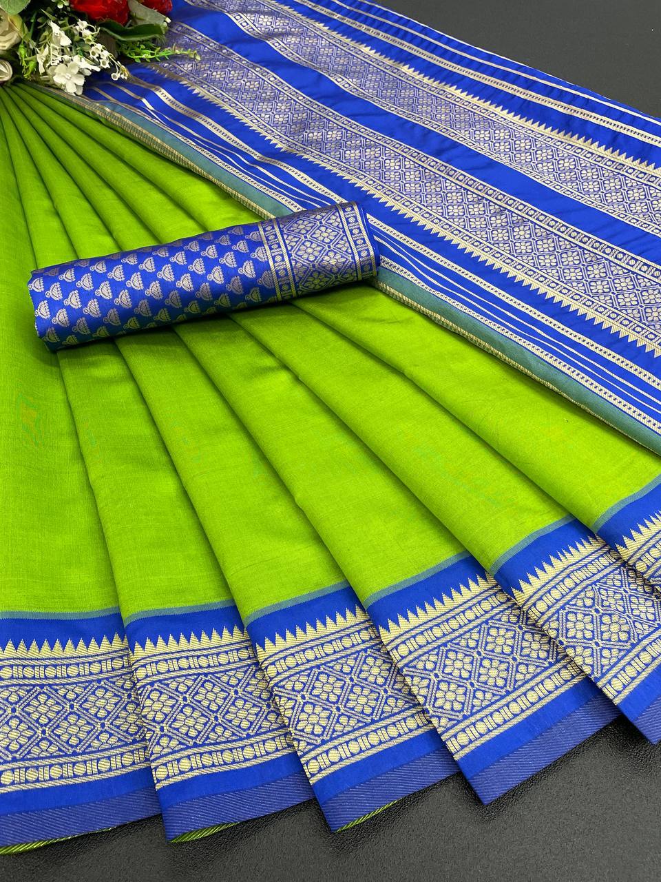 Parrot Green With Royal Blue Banarasi Beautiful Zari Work In Form Of Traditional Motifs Soft Silk Saree