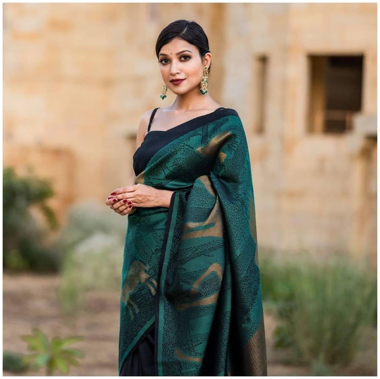Black & Rama Banarasi Beautiful Zari Work In Form Of Traditional Motifs Soft Silk Saree