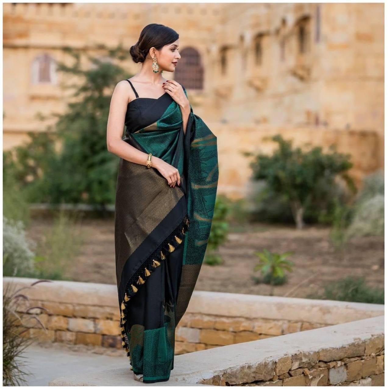 Black & Rama Banarasi Beautiful Zari Work In Form Of Traditional Motifs Soft Silk Saree
