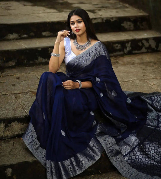 Dark Blue Silver Zari Work Blouse Banarasi Beautiful Zari Work In Form Of Traditional Motifs Soft Silk Saree