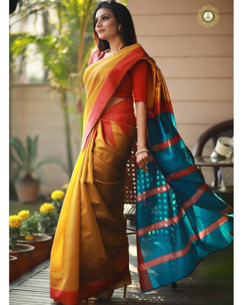 Kanchipuram Soft Lichi Silk Classic Contrast With A Blue Pallu With Diagonal Line Of Red And Silver Zari Work Saree