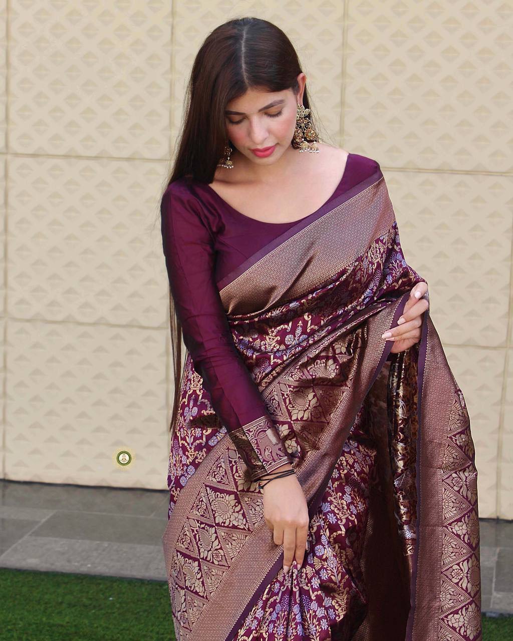 Designer Wine Lichi Silk Beautiful Saree With Blouse
