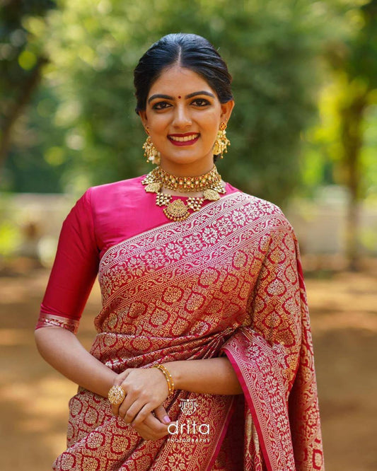 Wedding Look Red Silver Zari Weaving Banarasi Beautiful Saree With Blouse With Beautiful Tassels