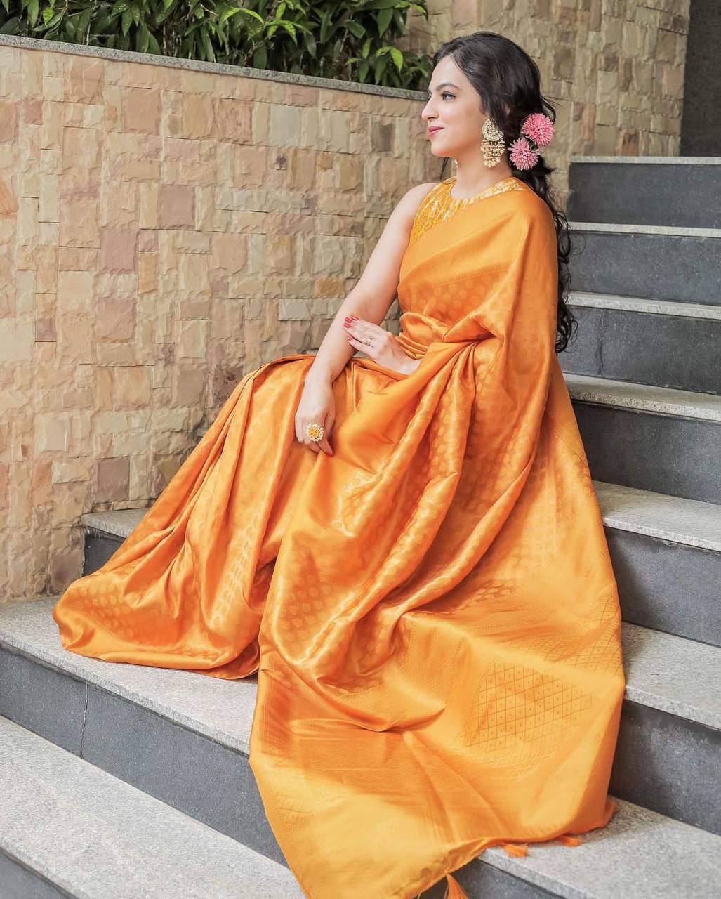 Wedding Yellow Golden Zari Weaving Banarasi Beautiful Saree With Blouse With Beautiful Tassels