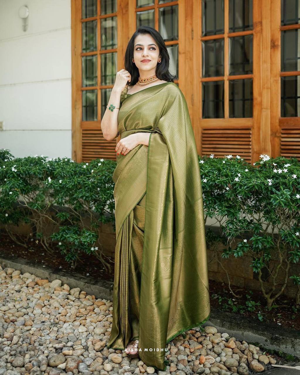 Light Green Saree & Blouse With Golden Zari Weaving Banarasi Beautiful –  garment villa