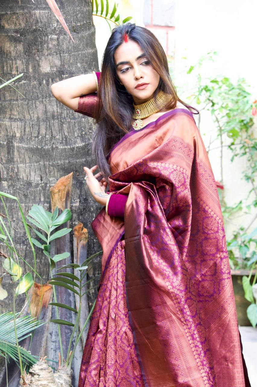 Magenta Colour With Copper Zari Weaving Designer Banarasi Beautiful Saree With Blouse