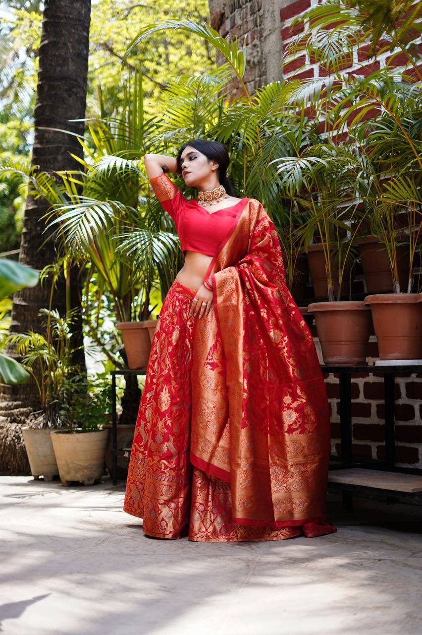 Scarlet Red & Golden Silk Embroidered with Stone Studded Lehenga Choli