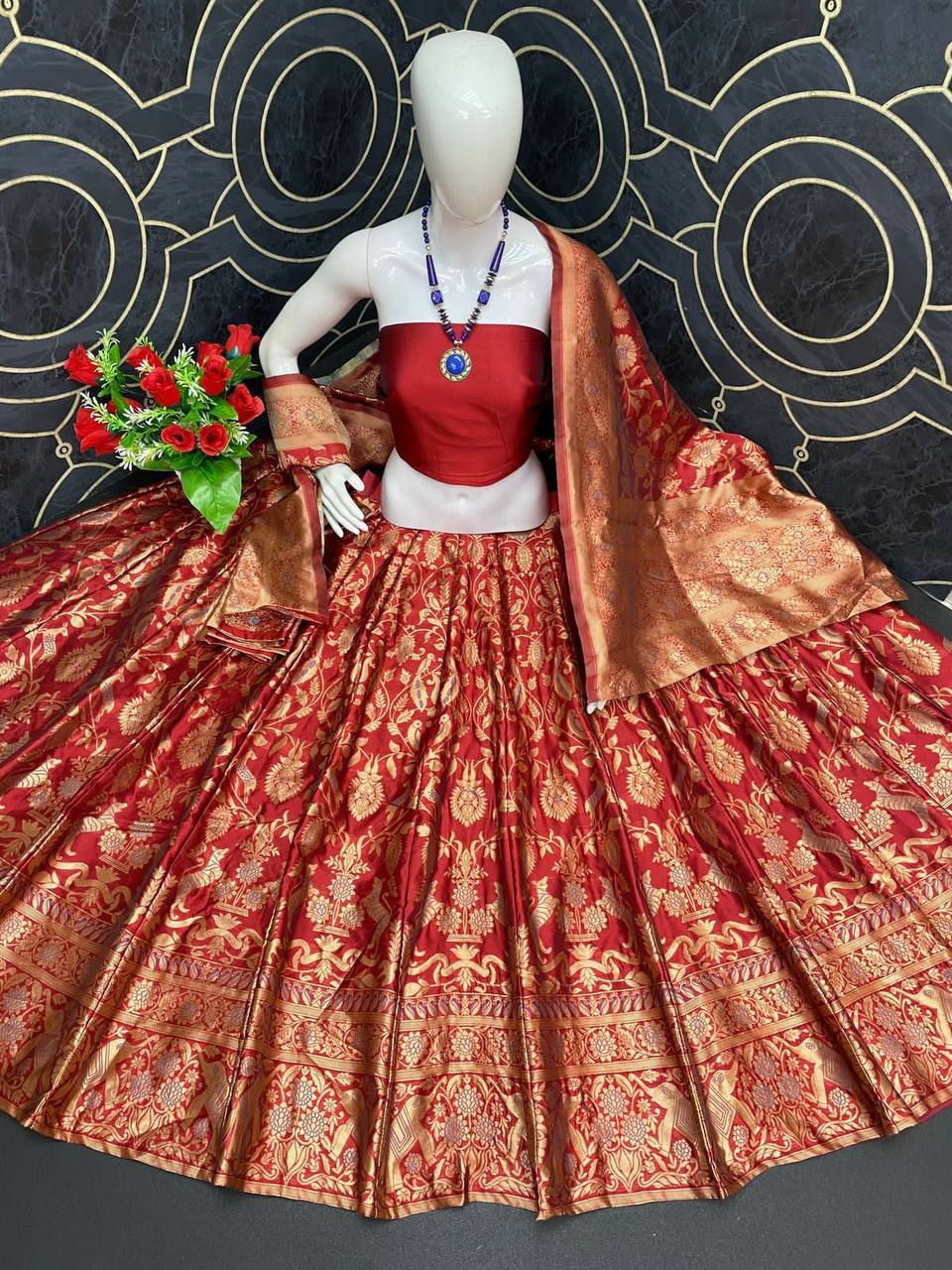 Designer Bridal Red Lehenga With Gold Zari Weaving With Grey Thread Touch Along With Dupatta & Blouse