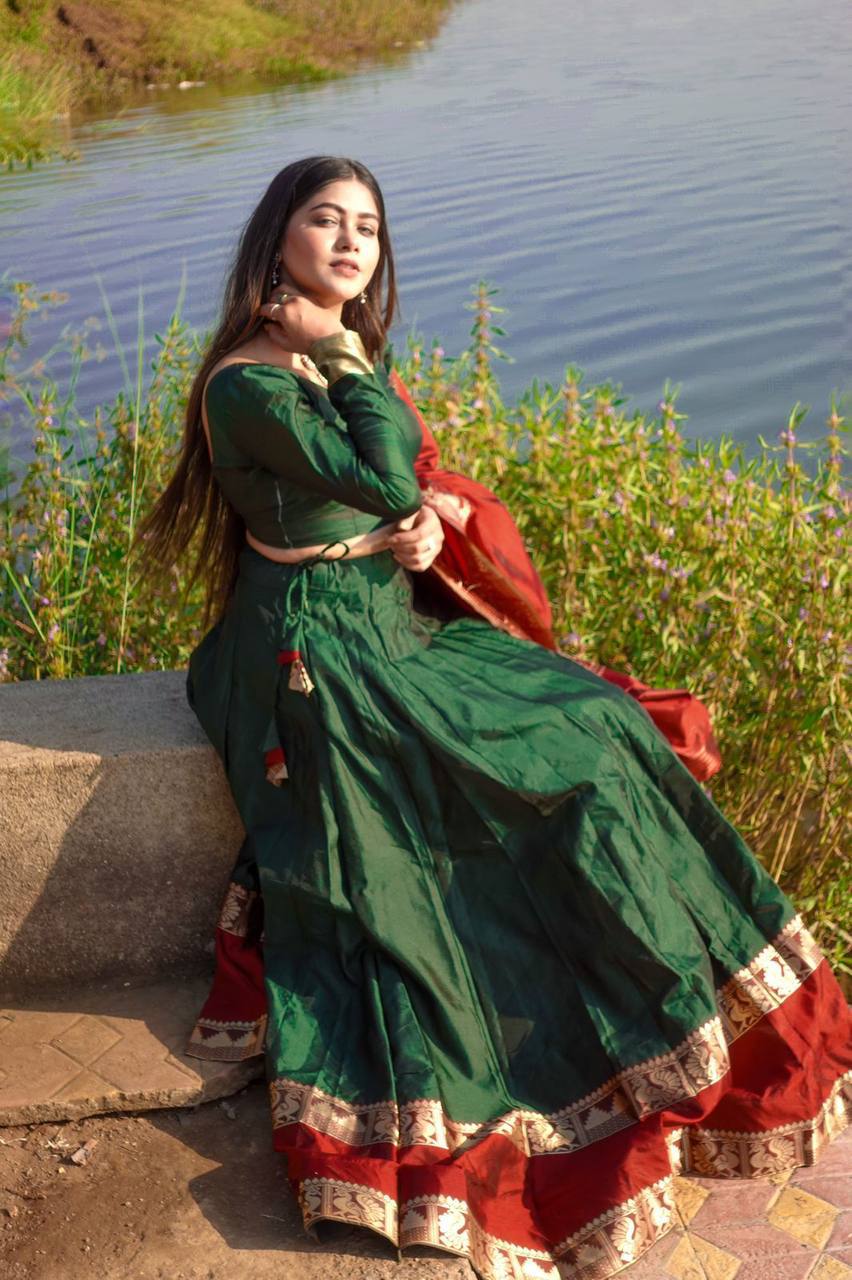 Green Banarasi Silk Designer Lehenga with Maroon Dupatta and Golden Za –  Glamatyou Fashion