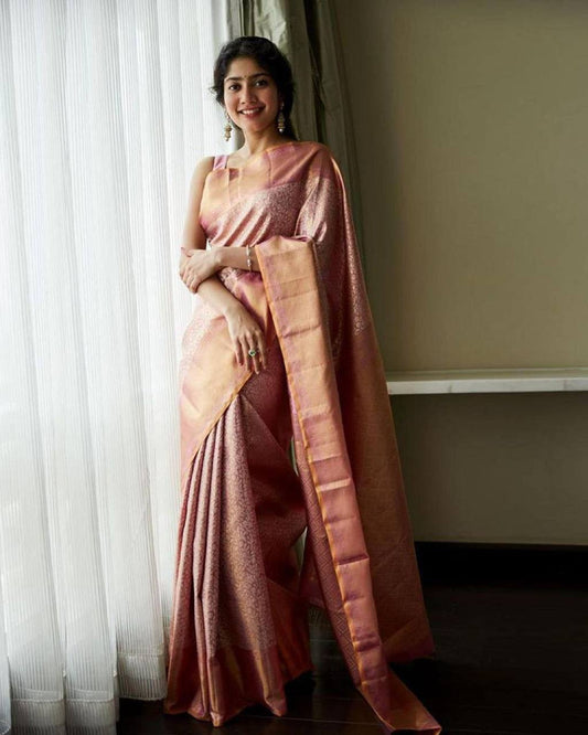 Royal Peach Purple Banarasi Beautiful Zari Work In Form Of Traditional Motifs Soft Silk Saree