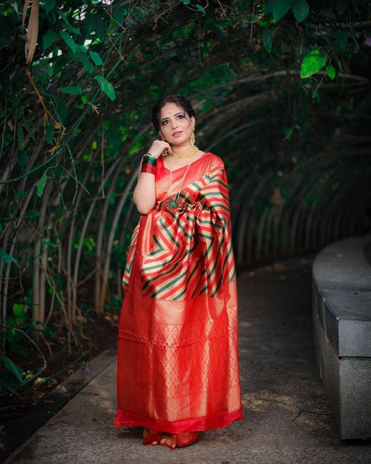 Red Line Work Banarasi Beautiful Zari Work In Form Of Traditional Motifs Soft Silk Saree