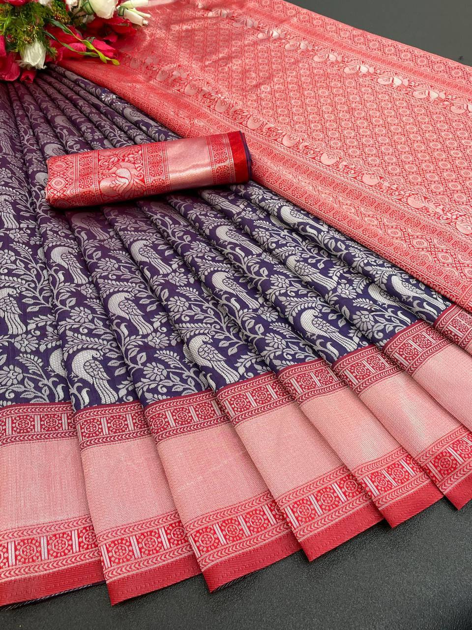 Royal Blue Red Border Banarasi Beautiful Zari Work In Form Of Traditional Motifs Soft Silk Saree