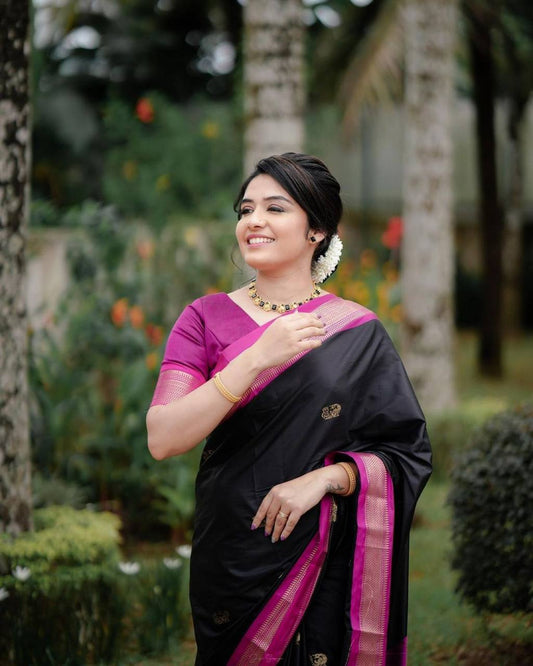 Black Pink Border Banarasi Beautiful Zari Work In Form Of Traditional Motifs Soft Silk Saree