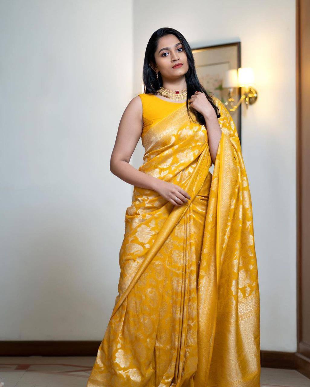 Yellow Banarasi Beautiful Zari Work In Form Of Traditional Motifs Soft Silk Saree