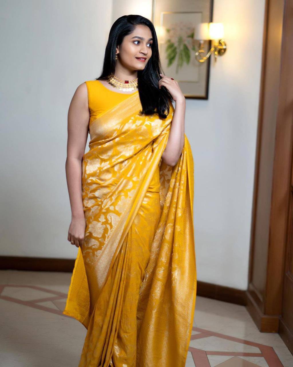 Yellow Banarasi Beautiful Zari Work In Form Of Traditional Motifs Soft Silk Saree