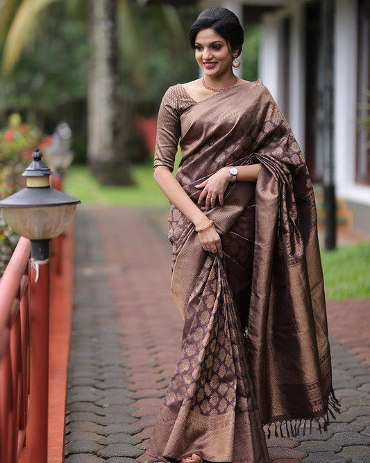 Brown Banarasi Beautiful Zari Work In Form Of Traditional Motifs Soft Silk Saree