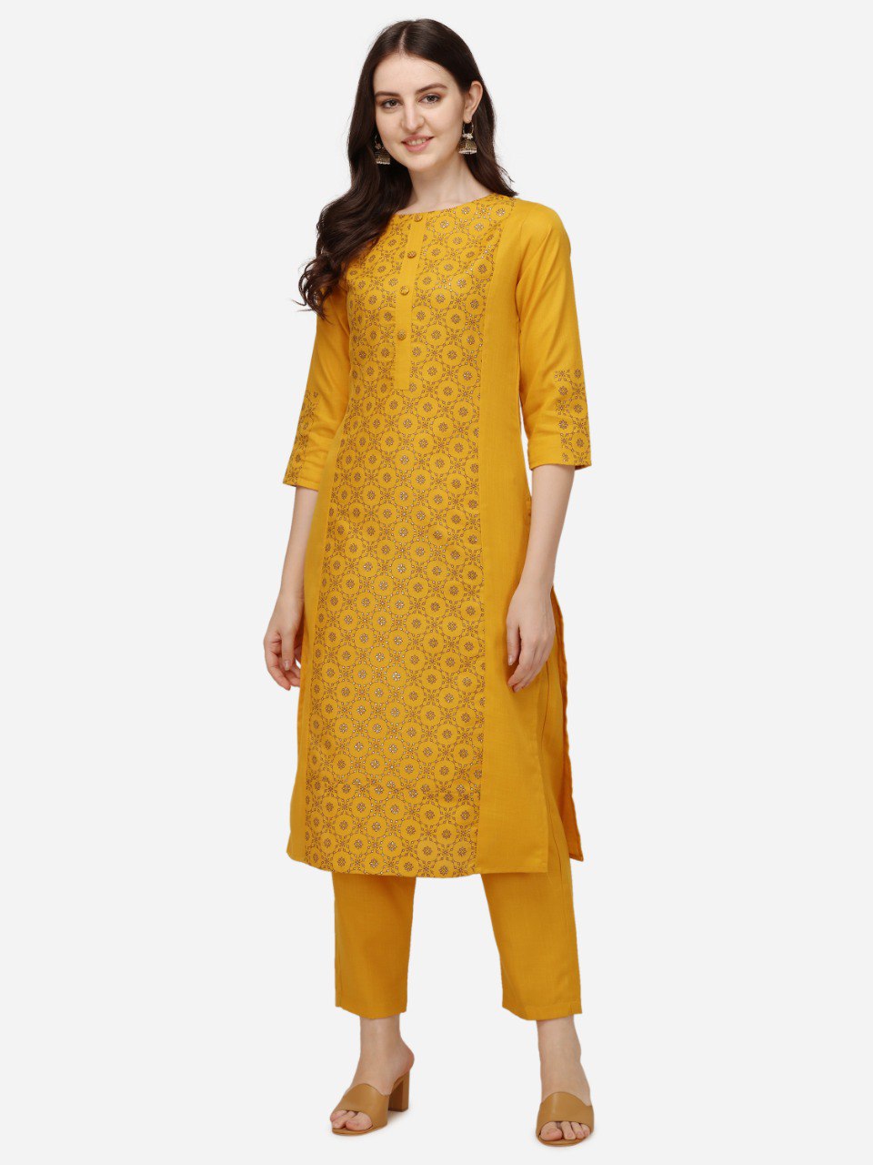 Yellow Cotton Bandhani Prints With Gathered Sleeve Kurti Pant