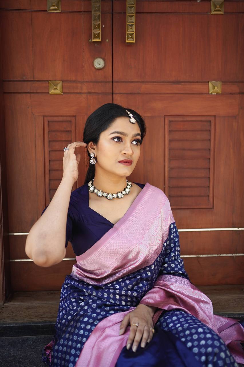 Stunning Royal Blue Saree With Baby Pink Border Banarasi Beautiful Zari Work In Form Of Traditional Motifs Soft Silk Saree