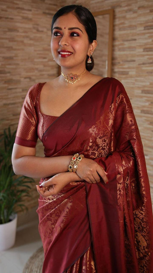Maroon Banarasi Beautiful Zari Work In Form Of Traditional Motifs Soft Silk Saree