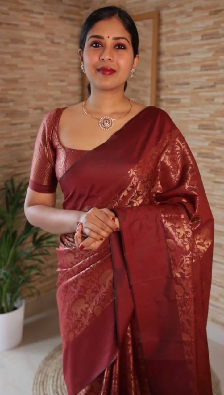 Maroon Banarasi Beautiful Zari Work In Form Of Traditional Motifs Soft Silk Saree