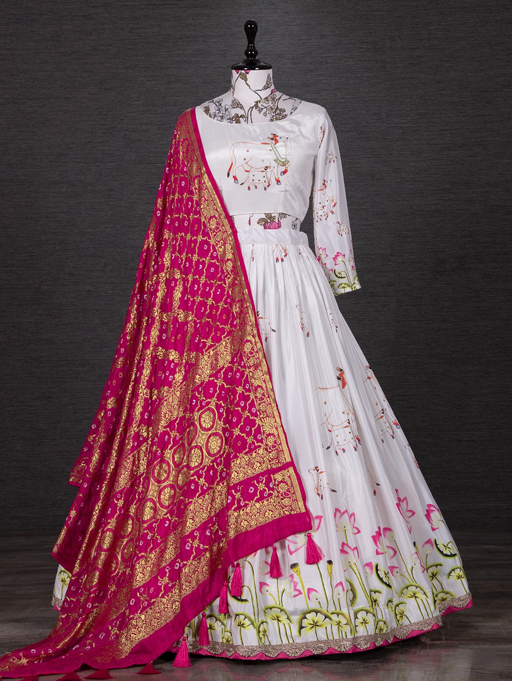 White Color Digital Printed Silk Lehenga Choli Set With Bandhani Silk Dupatta