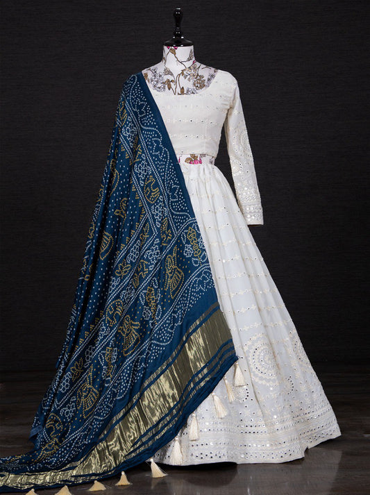 White Color Lucknowi Paper Mirror & Thread Embroidery Work Georgette Lehenga Choli