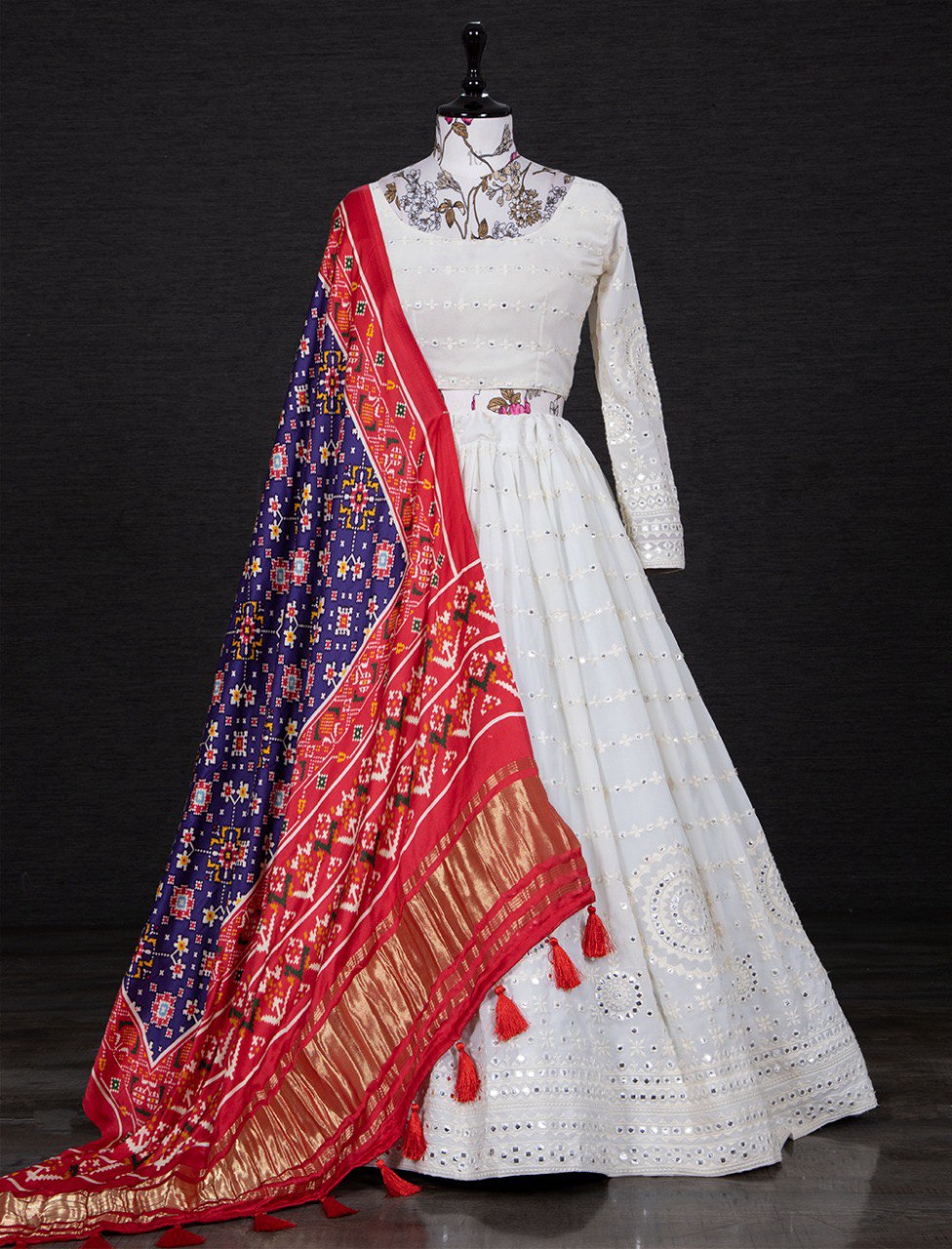 White Color Lucknowi Paper Mirror & Thread Embroidery Work Georgette Lehenga Choli
