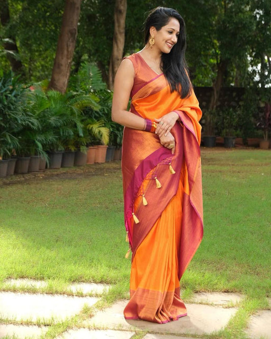 Orange Banarasi Beautiful Zari Work In Form Of Traditional Motifs Soft Silk Saree